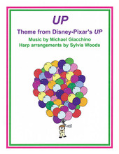 Up (Theme from Disney-Pixar Motion Picture) (Arranged for Harp). Arranged by Sylvia Woods. For Harp. Harp. Softcover. 8 pages. Published by Hal Leonard.

This sheet music contains two arrangements of the theme from Disney-Pixar's animated movie UP. Both versions are basically the same, except for the range of strings used. The first arrangement is for pedal harp and most lever harps. The range goes from the G that is about 1 1/2 octaves below middle C, up to the G that is about 2 1/2 octaves above middle C. The second arrangement is for smaller harps with only one octave below middle C. Additional instructions are provided with both arrangements advising you on what to do if your harp does not include the highest G needed. This music is for advanced beginners and more advanced players and can be played on lever harp or pedal harp. It is in the key of G (1 sharp) with some C# lever or pedal changes throughout the piece. Chord symbols and fingerings are included. 8 pages of music (4 pages for each version).