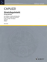 String Quintet in G Major, Op. 3, No. 6. (Score and Parts). By Antonio Capuzzi. For String Quintet (Score & Parts). G Schirmer String Ensemble. Softcover. Schott Music #ED21232. Published by Schott Music.

It was in Madrid in 1771 that two composers simultaneously 'discovered' and invented the string quartet as new musical genre: Luigi Boccherini and Gaetano Brunetti. The string quartets by the Italian composer Antonio Capuzzi, on the other hand, probably are the only ones which were all created in Italy. Like Mozart's contributions to this genre, the Quintet in G major is scored for two violins, two violas and violoncello. Written in concertante form, the work lets all players have their musical say, offering both soloistic virtuoso figures and numerous melodic solos. The work shows Capuzzi's personal chamber music style, a real five-part setting which sometimes seems orchestral. A valuable addition to the quintet repertoire for strings - good playing and listening entertainment guaranteed! Contents: Allegro • Minuetto Allegro • Larghetto • Rondo Vivace.
