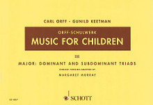 Music for Children (Volume 3: Major - Dominant and Subdominant Triads). By Carl Orff (1895-1982). Arranged by Gunild Keetman and Margaret Murray. For Recorder, Vocal, Orff Instruments, Voice. Schott. Score for Voice and/or Instruments. 114 pages. Schott Music #ED4867. Published by Schott Music.

Carl Orff devoted much of his life to music for children. His pioneering work continues under the guidance of teachers and educators in many countries. The five basic German volumes of “Music for Children” by Carl Orff and Gunild Keetman were published between 1950 and 1954. The considerable growth of Orff-Schulwerk in the United States led to the publication of the American Edition (1977) to satisfy the requirements of a different educational system and national heritage. Music for Children is a stimulating source of material for music teaching. Contents of this third volume: The instrumentation and range of keys are increased. The settings include the chords on the fourth and fifth notes of the major scale. The Dominant Triad: If all the world were paper • Bass parts for timpani • For recorder and timpani • The riddling knight • Ten short pieces for dancing • Carillon de Vendôme • The old woman and her pig • A good-night • Morning • Other Keys: Deux chansons de jeu: Sur le pont d'Avignon • En revenant de Versailles • No John, No • Beauty's spell • Riddles • The Sudominant Triad: Street song • Pieces for xylophone • The man in the moon • Malbrough • Dance-song • Festive procession • Lord Thomas of Winesbury • Dashing away with the smoothing-iron • Sevenths and Ninths: This old man • Fior di viola • La Violette • Rundadinella • Sacred yodelling song • Mater et filia • Polka from the Ennstal • Two polkas • English dances: Rufy Tufty • Rakes of mallow • Hunt the squirrel • Up tails all • The phoenis • Time-change dances • Two dances for singing and playing: Dance-song • Hector Protector.