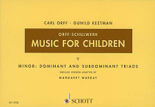 Music for Children (Volume 5: Minor - Dominant and Subdominant Triads). By Carl Orff (1895-1982). Arranged by Gunild Keetman and Margaret Murray. For Recorder, Orff Instruments, Voice. Schott. Score for Voice and/or Instruments. 142 pages. Schott Music #ED10920. Published by Schott Music.

Carl Orff devoted much of his life to music for children. His pioneering work continues under the guidance of teachers and educators in many countries. The five basic German volumes of “Music for Children” by Carl Orff and Gunild Keetman were published between 1950 and 1954. The considerable growth of Orff-Schulwerk in the United States led to the publication of the American Edition (1977) to satisfy the requirements of a different educational system and national heritage. Music for Children is a stimulating source of material for music teaching. Includes: The Dominant Triad With Minor Third: Sying • By the moon we sport and play • Ten short pieces • Melodies and basses • La légende de St. Nicolas • Searching for lambs • Spanish ladies • My bonny lad • Two sayings: Winds • If winter comes • Herr Olof • The Dominant Triad With Major Third: Old midsummer dance • La Pénitence de Marie-Madeleine • Am Weynachabend • Decorated thirds • Two pieces in thirds and sixths • Villancico-Baile de Nadal • Quand Biron voulut danser • Country sayings • Zu Maien, zu Maien • The loyal lover • The Subdominant Triad: Lamento • Country saying • Short pieces for xylophone and recorder • Aria: Komm Trost der Nacht • Melodies to be sung or played on a recorder • Carillon • Berceuse • Bergerettes • John Barleycorn • Making descants • Chaconne • Entre le boeuf et l'âne gris • Whittingham Fair • The wraggle taggle gipsies • In Conclusion: Incipiunt Laudes Creaturarum quas fecit Beatus Franciscus ad Laudem et Honorem Dei • Jubilationes • Thythms for Development • Two Dances • Pieces Using Speech • Recitative -- Finale.