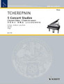 Five Concert Etudes Op. 52 by Alexander Tcherepnin (1899-1977). For Piano (Piano). Schott. 28 pages. Schott Music #ED9179. Published by Schott Music.

Tcherepnin composed these five pieces during a sojourn in Shanghai, were he was honorary professor at the conservatory and also worked as a consultant for the Chinese ministry of education. The studies were inspired by Chinese folk music and are based on pentatonic scales. 1. Shadow Play • 2. The lute • 3. Homage to China • 4. Punck and Judy • 5. Chant.