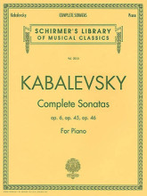 Complete Sonatas for Piano (Sonata No. 1, Op. 6; Sonata No. 2, Op. 45; Sonata No. 3, Op. 46). By Dmitri Kabalevsky (1904-1987). Edited by Carl A. Rosenthal and Carl Rosenthal. For Piano. Piano Collection. 20th Century and Russian. SMP Level 10 (Advanced). Collection. Standard notation and fingerings (does not include words to the songs). 90 pages. G. Schirmer #LB2033. Published by G. Schirmer.

Includes all three sonatas (1927, 1945, 1946) from the popular Russian master, now at a new lower price!

About SMP Level 10 (Advanced) 

Very advanced level, very difficult note reading, frequent time signature changes, virtuosic level technical facility needed.