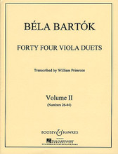 44 Duets - Volume 2 (Nos. 26-44) (Volume II). By Bela Bartok (1881-1945). Arranged by William Primrose. For Viola Duet. Boosey & Hawkes Chamber Music. 20th Century and Hungarian. Difficulty: medium-difficult. Viola duet book. Standard notation. 32 pages. Boosey & Hawkes #M051490042. Published by Boosey & Hawkes.