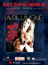 Here's to Never Growing Up by Avril Lavigne. For Piano/Vocal/Guitar. Piano Vocal. 8 pages. Published by Hal Leonard.

This sheet music features an arrangement for piano and voice with guitar chord frames, with the melody presented in the right hand of the piano part as well as in the vocal line.