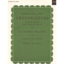 Vaughan Williams, Ralph - Fantasia on Greensleeves. For Violin and Piano. Published by Oxford University Press.

Fantasia on the well-known Greensleeves theme, moderately difficult for the violin.

Vaughan Williams's "Greensleeves" is based largely upon the traditional Greensleeves melody but also borrows from another English folksong that he gathered during fieldwork. The piece itself is a beautiful juxtaposition of folksongs, and it begins with a hauntingly beautiful flute solo that flows into a lush but simplistic string melody.
Grading: intermediate (slightly more difficult than an "easy" grade, may require some easy shifting, more complex rhythms, more advanced bowing, suitable for someone with a few years playing experience).
instrumentation: violin and piano
