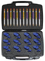 Kit of 12 Bow Hold Buddies in a convenient storage case, ideal for classroom or studio use.
Save 20% vs. buying individual units.

The fastest, gentlest way to develop effective bow hold
 
The bow has often been called “the violinist’s breath.” While violin bow technique varies a bit among fine players, all agree the primary goals of the violin bow hold are balance, control, and lack of tension. The BOW HOLD BUDDIES bow accessory instantly positions and supports all the fingers of the bow hold! The hood of the set's "Frog Frog" directs the inside corner of thumb tip to the intersection of the frog and stick. The rim of the hood encourages the thumb to remain bent and flexible. The middle finger is directed to oppose the thumb. The HOLD FISH pinky support, included in the 2-piece BOW HOLD BUDDIES set (and also available separately) directs the tip of the pinky slightly to the rear of the top of the stick. The sloped walls of the pinky-tip opening allow for finger flexibility. The accessory securely slides along the stick, to rest next to ring finger, allowing for a custom fit for all hand sizes, age 3 thru adult. This placement allows for the points of contact of the index and pinky fingers to be equidistant to that of the thumb. The accessory does not preclude the normal points of contact with the stick; it simply prevents the thumb, index and pinky fingers from wandering out of position. With these three fingers in place and in control of the stick, the middle two fingers, hand and bow arm are more relaxed and ready to learn those beginning bow strokes. Fits all size violin and viola bows.