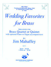 Wedding Favorites for Brass (Brass Solos & Ensemble/Brass Quartet Or Quintet). Arranged by Jim Mahaffey. For Brass Quartet. Brass Solos & Ensembles - Brass Quartet Or Quintet. Southern Music. Classical and Wedding. Grade 4. Performance parts. Optional piano or organ accompaniment. 22 pages. Southern Music Company #B553PT4. Published by Southern Music Company.