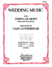 Wedding Music (String Quartet Viola Part). Arranged by Cleo Aufderhaar. For Viola, String Quintet. String Solos & Ensembles - String Quartet. Southern Music. Grade 4. 12 pages. Southern Music Company #B458VA. Published by Southern Music Company.

This extraordinary collection of wedding favorites is the perfect solution for wedding planners looking for just the right music for that upcoming wedding ceremony. The arrangements are appropriate for the string quartet of for strong orchestra. The optional contrabass part provides additional flexibility. Selections include: Aria (Handel) * Bridal Chorus (Wagner) * Wedding March (Mendelssohn) * Trumpet Voluntary (Clarke) * Largo from “Winter” (Vivaldi) * Rigaudon (Campra) * Theme from 1st Symphony (Brahms) * March (Mozart) * Trumpet Tune (Purcell) * Canon (Pachelbel) * Jesu Joy of Man's Desiring (Bach) * Allegro from “Winter” (Vivaldi).