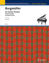 25 Etudes, Op. 100 (for Piano). By Johann Friedrich Burgmuller (1806-1874) and J. Friedrich Burgm. For Piano. Schott. 39 pages. Schott Music #ED173. Published by Schott Music.

Through these 25 studies, Burgmüller succeeds in connecting technical problems through accessible musical ideas. The imagination of the player is encouraged through the musical stimulus each piece offers.