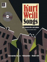 Kurt Weill Songs (Violoncello and Piano with CD of Performance and Play-Along Tracks Book/CD). By Kurt Weill (1900-1950). Arranged by Martin Reiter. For Cello, Piano Accompaniment. String Solo. Book with CD. 56 pages. Universal Edition #UE34682. Published by Universal Edition.

10 songs from three of Kurt Weill's most famous stage works are presented here in intermediate arrangements for violoncello and piano. Players of any age will relish the chance to play these famous tunes and in the absence of a live accompaniment, the piano accompaniment provided on the CD will provide stylish support. Includes: The Threepenny Opera - The Ballad of Mack the Knife, Polly's Song, Love Song, Tango Ballad, Barbara Song, Rise and Fall of the City of Mahagonny – Alabama Song, Jenny's Song, Happy End - Don't be Afraid, The Liquor Dealer's Dream, and more.