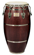 Signature Heritage 11-3/4 inch Conga for Percussion. Tycoon. Hal Leonard #TSCH-120BC/S. Published by Hal Leonard.

Constructed of hand-selected, aged Siam Oak wood, providing exceptional durability and unmatched sound, this drum is perfect for any style of music and great for both studio and recordings and live playing. Three steel bands surround the shell, providing added durability, and accentuating the beauty of this traditional instrument. Equipped with a genuine calfskin head, the 30″ tall, extra-wide belly projects deep bass tones and great volume without sacrificing crisp, high sounds. The conga features brushed-chrome plated Classic Pro™ hoops, reinforced side plates with 3/8″ diameter tuning lugs and backing plates. Includes a single stand.