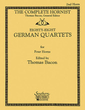 88 German Quartets for Four Horns (2nd Horn Part). By Various. Arranged by Thomas Bacon. For Horn Quartet. Brass Solos & Ensembles - Horn Quartet. Southern Music. Grade 4. Softcover. 64 pages. Southern Music Company #B399HN2. Published by Southern Music Company.

Originally edited by Heinz Liebert and published by Hofmeister of Leipzig, this wonderful collection includes hunting tunes, waltzes, lieder, opera excerpts, folk songs, hymns, Christmas pieces, and marches.