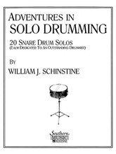 Adventures in Solo Drumming for Snare Drum. Percussion Music - Snare Drum Method/Studies. Southern Music. Grade 3. 23 pages. Southern Music Company #B162. Published by Southern Music Company.

Adventures in Solo Drumming consists of twenty snare drum solos. Each number has been dedicated to an outstanding percussionist who in one way or another influenced the author's percussion development. Includes: Father and Son • Fennell's Flourishes • Lloyd's Little Diddler • Mutation • Pratt's Taps • Ship-A Hoey • Swan's Song • and more.