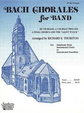 Bach Chorales for Band (2nd B-Flat Trumpet). By Johann Sebastian Bach (1685-1750). Arranged by Richard S. Thurston. For Concert Band. Band - Band Collection. Southern Music. Grade 2. 16 pages. Southern Music Company #B474TPT2. Published by Southern Music Company.

The 28 chorales in this collection are suitable for concert band/wind ensemble as well as woodwind/brass choir, saxophone quartet, trombone quartet, or mixed woodwind/brass groups. They are well-suited for use as warm-ups, for study of precise intonation and ensemble, and for concert performance. Helpful instructions to the director are included for varying dynamics through instrumentation and balance, and the enhanced index includes the key and meter of each chorale. Also included are three concert selections: Chorale Prelude on “I Call to Thee, Lord Jesus Christ” * Final Chorus from St. Matthew Passion * Chorale Prelude on “We All Believe in One God (Giant Fugue)”.