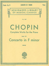 Concerto No. 2 in F Minor, Op. 21 (Piano Solo). By Frederic Chopin (1810-1849). Edited by C Mikuli. For Piano. Piano Large Works. SMP Level 10 (Advanced). 44 pages. G. Schirmer #LB1557. Published by G. Schirmer.

About SMP Level 10 (Advanced) 

Very advanced level, very difficult note reading, frequent time signature changes, virtuosic level technical facility needed.