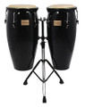 Supremo Series Black Congas (10 inch. & 11 inch.). For Congas. Tycoon. Tycoon Percussion #STCBBK/D. Published by Tycoon Percussion.

Ideal for beginners and percussion enthusiasts! 28″ tall, constructed of hand-selected, aged Siam Oak wood, these congas provide exceptional durability and unmatched sound. They feature black powder coated Deluxe hoops and reinforced side plates with 5/16″ diameter tuning lugs and backing plates. The heads are made from high-quality water buffalo skin, and a super high-gloss finish is applied for shine. A tuning wrench and heavy-duty double stand are included.