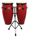 Supremo Series Red Congas (10 inch. & 11 inch.). For Congas. Tycoon. Tycoon Percussion #STCBR/D. Published by Tycoon Percussion.

Ideal for beginners and percussion enthusiasts! 28″ tall, constructed of hand-selected, aged Siam Oak wood, these congas provide exceptional durability and unmatched sound. They feature black powder coated Deluxe hoops and reinforced side plates with 5/16″ diameter tuning lugs and backing plates. The heads are made from high-quality water buffalo skin, and a super high-gloss finish is applied for shine. A tuning wrench and heavy-duty double stand are included.