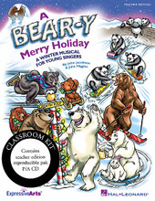 A Bear-y Merry Holiday (A Winter Musical for Young Singers). By John Higgins and John Jacobson. For Choral (CLASSRM KIT). Expressive Art (Choral). Published by Hal Leonard.

The Polar Bears are throwing a bear-y big holiday celebration at the North Pole and their guests from around the world are starting to arrive – black bears and brown bears, rapping grizzlies, pirouetting dancing bears, teddy bears, Kodiaks from nearby Alaska, and more! But what is taking the Pandas so long? The wait is becoming un-bear-able! Join in the festive panda-monium when the bear-y small Pandas finally arrive in true vaudeville style and the party begins!

From the popular writing team of John Jacobson and John Higgins comes this clever and easy-to-prepare 20-minute holiday musical for primary grades that will delight audiences of all ages. Five original songs, rhyming dialog, choreography and staging tips are included in the Teacher Edition, and vocal parts and dialog are available in the handy Reproducible Pak. Check out the Classroom Kit for a real budget-saver! Available separately: Teacher Edition, Reproducible Pak, Preview CD (with vocals), Preview Pak (1 Preview CD and sample pages), Performance/Accompaniment CD, Classroom Kit (Teacher Edition, Reproducible Pak, P/A CD). Duration: ca. 20 minutes. Suggested for grades K-3.