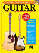 Teach Yourself to Play Guitar (A Quick and Easy Introduction for Beginners). For Guitar. Guitar Educational. Softcover with CD. Guitar tablature. 48 pages. Published by Hal Leonard.

This best-selling title is now available with a demonstration CD! Teach Yourself to Play Guitar was created specifically for the student with no music-reading background. With lesson examples presented in today's most popular tab format, which also incorporates simple beat notation for accurate rhythm execution, Teach Yourself to Play Guitar offers the beginning guitarist not only a comprehensive introduction to essential guitar-playing fundamentals, but a quick, effective, uncomplicated and practical alternative to the multitude of traditional self-instructional method books. It also: covers power chords, barre chords, open position scales and chords (major and minor), and single-note patterns and fills; includes lesson examples and song excerpts in a variety of musical styles – rock, folk, classical, country and more; familiarizes the student with fretboard organization, chord patterns, hand and finger positions, and guitar anatomy by way of easy-to-interpret diagrams, photos and illustrations; provides complete, concise explanations while keeping text to a minimum; and prepares the student for the option of further guitar instruction.