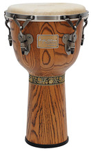 Signature Grand Series Djembe (12 inch.). For Djembes. Tycoon. Tycoon Percussion #TSJG-712BC. Published by Tycoon Percussion.

Constructed of top-grade American Ash wood, this djembe features a Chrome Deluxe hoop, reinforced side plates with 5/16″ diameter tuning lugs, and backing plates. The 22″ tall drum has a natural matte finish and a 12″ diameter head made of hand-picked premium quality goat skin. Special procedures are taken in the production process to accentuate patterns of the wood grain. A tuning wrench is included.