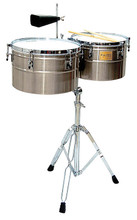 Deep-Shell Brushed Chrome Finish Timbales (14 inch. & 15 inch.). For Timbales. Tycoon. Tycoon Percussion #TTI/L-1415BC. Published by Tycoon Percussion.

Designed for the professional or advanced player, these timbales offer superior quality and authenticity in sound. The 14″ and 15″ diameter brushed chrome plated 8-1/2″ deep shells are made from stainless steel and can be tuned with the included tuning wrench. Also included are a heavy-duty, fully height-adjustable, tilting timbale stand, cowbell mounting bracket with Tycoon TW-60 cowbell, and a pair of timbale sticks.