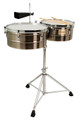 Brushed Chrome Shell Timbales (14 inch. & 15 inch.). For Timbales. Tycoon. Tycoon Percussion #TTI-1415BC. Published by Tycoon Percussion.

These timbales offer exceptional value and authentic sound for the intermediate player and can be played separately or as an addition to any set up. The 14″ and 15″ diameter, 6-1/2″ deep brushed chrome plated shells are made from stainless steel and can be easily tuned with the included tuning wrench. They feature a unique antique copper finish. Heavy-duty, fully height-adjustable, tilting timbale stand, cowbell mounting bracket with Tycoon Percussion TW-60 cowbell, pair of timbale sticks, and tuning wrench are all included.