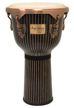 Master Hand-Crafted Pinstripe Series Djembe (12 inch.). For Djembes. Tycoon. Tycoon Percussion #TJHC-712ACT1. Published by Tycoon Percussion.

As the name suggests, this drum is hand-carved by highly-skilled craftsmen, resulting in their unique and beautiful appearance. No two drums will look exactly the same! Constructed of hand-selected, aged Siam Oak wood, the djembe has exceptional quality and unmatched sound. It features a brushed Chrome Deluxe hoop, reinforced side plates with 5/16″ diameter tuning lugs, and backing plates. The djembe is 22″ tall, with a 12″ diameter head made of hand-picked premium quality goat skin. A tuning wrench is included.