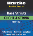 Hartke Transient Attack Bass Strings (XLight 4 String). Hartke Equipment. General Merchandise. Hal Leonard #HSB440. Published by Hal Leonard.
Introducing Hartke Bass Strings. Bass players will get nothing less than what they would expect from a Hartke product: Reliability, consistency, and ultra-fast transient response for a brighter, richer, more defined tone. The Hartke bass strings come in 12 configurations, including 4 and 5 string sets of XLIGHT, LIGHT, and MEDIUM, available in single and three packs. They are long scale, nickel wound, hex core strings, with color-coded beads for easy identification.