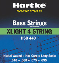Hartke Transient Attack Bass Strings (XLight 4 String). Hartke Equipment. General Merchandise. Hal Leonard #HSB440. Published by Hal Leonard.
Introducing Hartke Bass Strings. Bass players will get nothing less than what they would expect from a Hartke product: Reliability, consistency, and ultra-fast transient response for a brighter, richer, more defined tone. The Hartke bass strings come in 12 configurations, including 4 and 5 string sets of XLIGHT, LIGHT, and MEDIUM, available in single and three packs. They are long scale, nickel wound, hex core strings, with color-coded beads for easy identification.