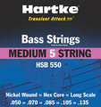 Hartke Transient Attack Bass Strings (Medium 5 String). Hartke Equipment. General Merchandise. Hal Leonard #HSB550. Published by Hal Leonard.
Introducing Hartke Bass Strings. Bass players will get nothing less than what they would expect from a Hartke product: Reliability, consistency, and ultra-fast transient response for a brighter, richer, more defined tone. The Hartke bass strings come in 12 configurations, including 4 and 5 string sets of XLIGHT, LIGHT, and MEDIUM, available in single and three packs. They are long scale, nickel wound, hex core strings, with color-coded beads for easy identification.