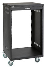 SRK Racks - Universal Rack Stands (16 Space Rack Stand). Samson Audio. General Merchandise. Hal Leonard #RK16. Published by Hal Leonard.

Samson's rugged equipment racks are solid steel and feature fully enclosed steel side panels. They are available in four sizes: 8-space (SRK8), 12-space (SRK12), 16-space (SRK16) and 21-space (SRK21). The racks are set upon 4 heavy-duty, 3-inch (75 mm) casters with locking fronts. Each Samson equipment rack includes a single-space, flanged blank panel. The truly innovative thing is that the unique steel support bar construction allows the racks to be assembled to accept either the European or US thread sizes.