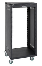 SRK Racks - Universal Rack Stands (21 Space Rack Stand). Samson Audio. General Merchandise. Hal Leonard #SRK21. Published by Hal Leonard.

Samson's rugged equipment racks are solid steel and feature fully enclosed steel side panels. They are available in four sizes: 8-space (SRK8), 12-space (SRK12), 16-space (SRK16) and 21-space (SRK21). The racks are set upon 4 heavy-duty, 3-inch (75 mm) casters with locking fronts. Each Samson equipment rack includes a single-space, flanged blank panel. The truly innovative thing is that the unique steel support bar construction allows the racks to be assembled to accept either the European or US thread sizes.