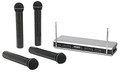 Stage v466 Quad Handheld Vocal Wireless System (Channels A1, A2, A3 and A4). Samson/Hartke Wireless. General Merchandise. Hal Leonard #SW466SHT6A. Published by Hal Leonard.

Four At Once.

Designed for four times the versatility, Samson's Stage v466 Quad Vocal Wireless System let's you use four microphones simultaneously with a single receiver. It's the ideal wireless solution for vocalists, karaoke performers, DJs or any application where multiple mics are needed.

At the core of the Stage v466 system is a full-rack quad VHF wireless receiver. The receiver's front panel features an RF channel indicator and a large rotary volume knob for each channel. The receiver also offers two tuned antennas, XLR mix, as well as four 1/4-inch outputs that give you the option for each transmitter pair mixed or each transmitter individually. The Stage 4v66 system comes with two 1/4-inch to 1/4-inch cables.

The Stage v466 system includes four HT6 dynamic handheld microphone transmitters, each with a Samson H6 dynamic microphone element for capturing clear, accurate vocals. Each transmitter operates for up to ten hours on a single 9-volt battery (four included) and offers a handy audio on/off switch.