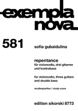 Repentance (for Cello, 3 Guitars and Double Bass Study Score). By Sofia Gubaidulina (1931-). For Cello, Double Bass, Guitar, Mixed Ensemble (Study Score). Ensemble. Softcover. 40 pages. Sikorski #SIK8781. Published by Sikorski.

For cello, 3 guitars and double bass. Study score.