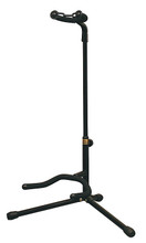 Cradle Guitar Stand - Adjustable Neck Hamilton Stands. Hal Leonard #KB916. Published by Hal Leonard.

The fold-down yoke on this stand allows for convenient storage and travel, and the cradle easily removes for storage. The stand is height adjustable from 27″-321″, and it also features a rubber strap to hold the guitar in the stand.