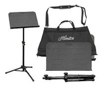The Traveler II Portable Music Stand (With Carry Bag). Hamilton Stands. Hal Leonard #KB90. Published by Hal Leonard.

A perfect choice for the gigging musician! This stand features a full size, fixed angle, symphonic desk, with rolled edges that resist bending and abuse in transport. The base and tube are chrome plated and the desk is black wrinkle powder-coated. The height and leg positions can be adjusted with a knob from 26″ - 47.5″. The stand also comes with a polyester cloth carrying bag that features 3 compartments, handle, and strap.