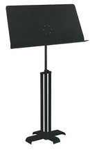 The Maestro Conductor Stand Hamilton Stands. Hal Leonard #KB300A. Published by Hal Leonard.

This extra-wide desk holds three full-sized closed scores side-to-side. The attractive three post base design has four wide feet, and the desk can be adjusted to the desired angles by knob. The height is also adjustable by knob from 26″ to 48-1/2″.