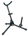 International Alto/Tenor Sax (with Doubling Peg). Hamilton Stands. Hal Leonard #KB960. Published by Hal Leonard.

This Alto/Tenor sax stand has a tripod base, adjustable body rest, and foam cushions on body rest and bell yokes. A clarinet/flute doubling peg is included. The center support tube can be easily removed for the most compact size for travel and storage, and the stand fits in most gig bags and back packs. The metric receiver will accept other doubling pegs.