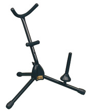 International Alto/Tenor Sax (with Doubling Peg). Hamilton Stands. Hal Leonard #KB960. Published by Hal Leonard.

This Alto/Tenor sax stand has a tripod base, adjustable body rest, and foam cushions on body rest and bell yokes. A clarinet/flute doubling peg is included. The center support tube can be easily removed for the most compact size for travel and storage, and the stand fits in most gig bags and back packs. The metric receiver will accept other doubling pegs.