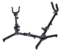 System X Double Alto/Tenor Sax Stand Hamilton Stands. Hal Leonard #KB7022. Published by Hal Leonard.

This stand is adjustable to hold curved soprano, alto, and tenor saxes. The bell yoke arms, body rest, and height are all adjustable. This is literally two single stands held together with the supplied connector. Use it as a double stand or take it apart and use it as two singles! The unique track design of the legs allows doubling pegs to be placed anywhere. Threaded adapters are provided for other brand doubling pegs. Robust design folds to a compact size, and the stand features durable black powder coated finish with silver highlights.