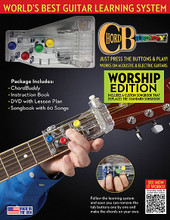 ChordBuddy Guitar Learning System - Worship Edition by Travis Perry. For Guitar. Chord Buddy. General Merchandise. 120 pages. Published by Hal Leonard.

Learn to play guitar quickly while using popular Worship songs as your guide. As soon as the ChordBuddy device is properly attached to your acoustic or electric guitar, you will be able to make music instantly. Within a few weeks, you'll begin removing some of the tabs and making the chords on your own. In two months, you'll be able to play the guitar with no ChordBuddy at all!

Package includes: ChordBuddy • instruction book • companion DVD with a 2-month lesson plan • and ChordBuddy Worship songbook with 60 songs. Works on acoustic and electric guitars. The ChordBuddy is in the key of “G” and makes the “G” “C” “D” and “Em” chords. The ChordBuddy Guitar Learning System has earned the Parent Tested Parent Approved (PTPA) Seal of Approval and was rated the Most Trusted Seal by 22,000 parents! Great for home, Sunday School, and other faith-based places of learning. The ChordBuddy currently does not work on left-handed guitars, nor does it work on classical or half-sized (children's) guitars.