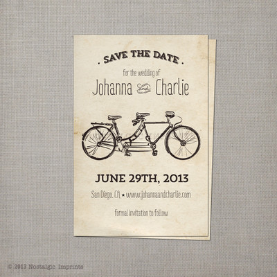 Tandem Bicycle 1 - 4x6 Vintage Save the Date Card
