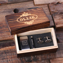 Groomsmen Bridesmaid Gift Personalized Gentlemans Gift Set Cuff Links Money Clip Tie Clip and Wood Box