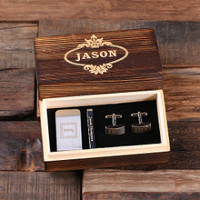 Groomsmen Bridesmaid Gift Personalized Gentleman's Gift Set Cuff Links Money Clip Tie Clip with Wood Box