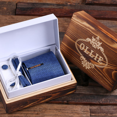 Groomsmen Bridesmaid Gift Personalized Tie Clip Blue Squares Tie and Wood Box Boy Friend Gift Dad Christmas Groomsmen Mens Gift