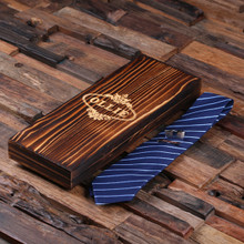 Groomsmen Bridesmaid Gift Personalized Dark Blue Striped Tie Cuff Links Tie Clip with Wood Box Boyfriend Gift Groomsmen Gift for Men Christmas