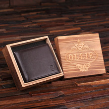 Groomsmen Bridesmaid Gift Personalized Engraved Monogrammed Mens Leather Wallet Brown with Wood Box