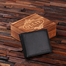Groomsmen Bridesmaid Gift Personalized Engraved Monogrammed Mens Leather Wallet Black with Wood Box