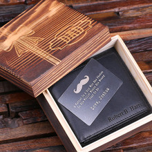 Groomsmen Bridesmaid Gift Personalized Fathers Day Engraved Monogrammed Mens Leather Wallet Brown with Metal Gift Card and Wood Box