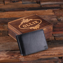 Groomsmen Bridesmaid Gift Personalized Monogrammed Engraved Leather Bifold Mens Travel Wallet Money Clip with Wood Gift Box Groomsmen Best Man